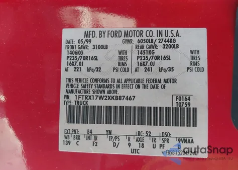 1999 Ford F-150 Lariat/Work Series/Xl/Xlt z USA, uszkodzony, nr VIN 1FTRX17W2XKB87467